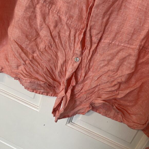 Tahari Linen Button Down Shirt Women 1X Long Pink Roll Tab Sleeve Cover Up Beach - Picture 3 of 6